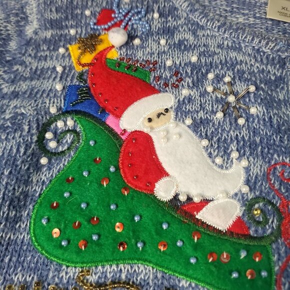 Grandma Sweater Christmas Santa Penguin Reindeer Beaded Embroidere Kikit Blue XL - Picture 3 of 8